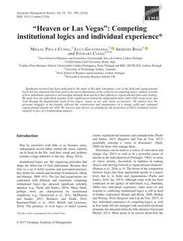 Heaven Or Las Vegas”: Competing Institutional Logics and Individual Experience*