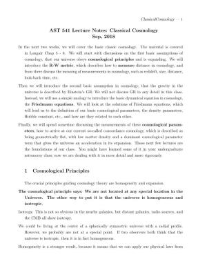 AST 541 Lecture Notes: Classical Cosmology Sep, 2018