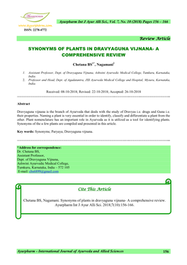 Synonyms of Plants in Dravyaguna Vijnana- a Comprehensive Review