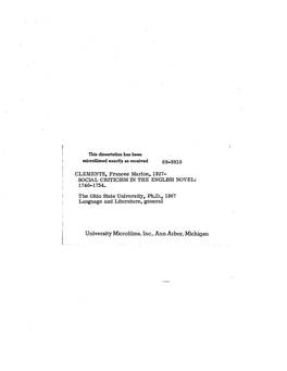 University Microfilms, Inc., Ann Arbor, Michigan SOCIAL CRITICISM in the ENGLISH NOVEL