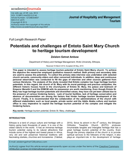 Potentials and Challenges of Entoto Saint Mary Church to Heritage Tourism Development