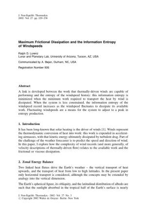 Maximum Frictional Dissipation and the Information Entropy of Windspeeds