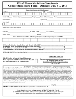Competition Entry Form - Orlando, July 5-7, 2019 (Please Print Clearly - All Fields Required) Last Name MI First