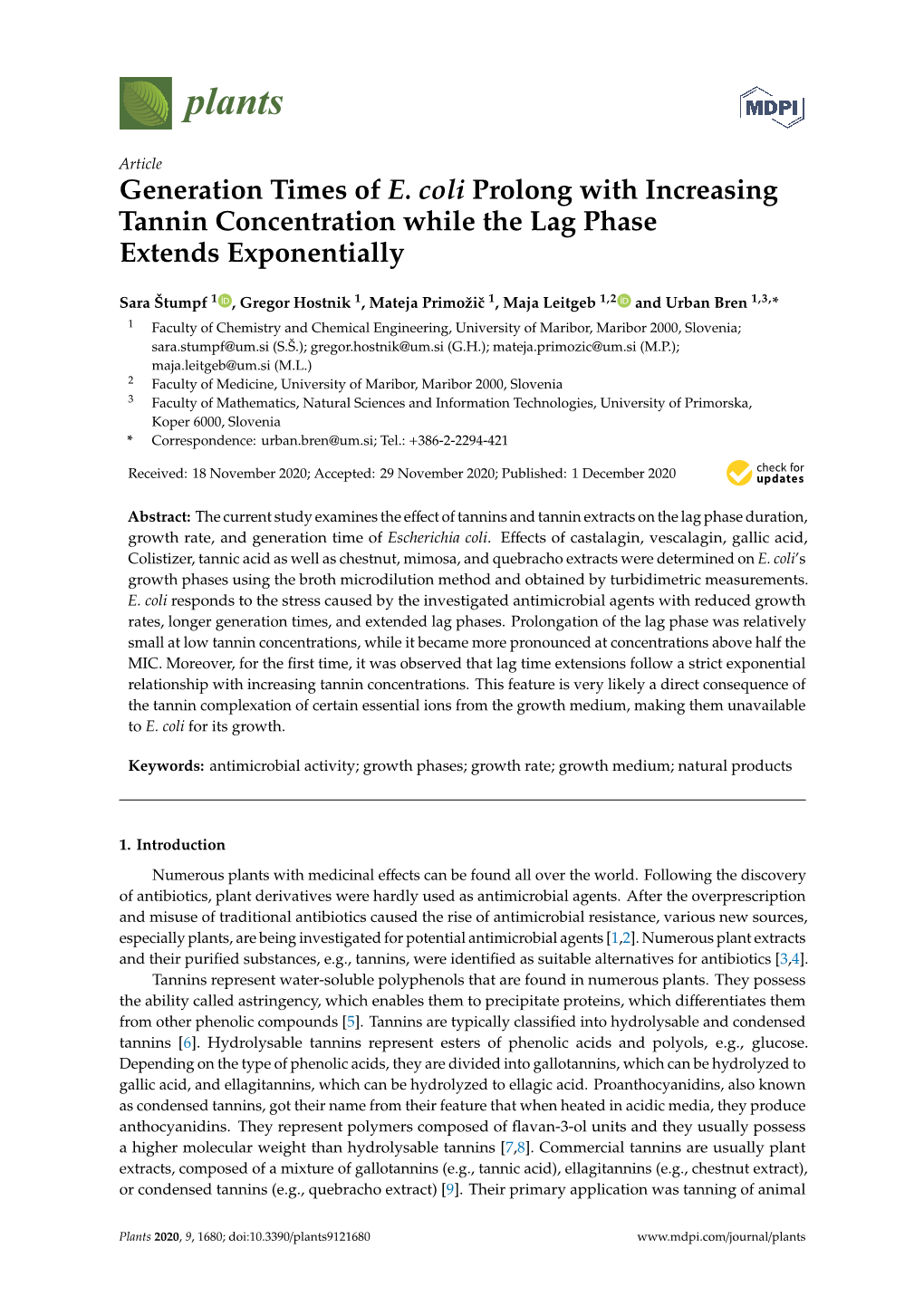 Generation Times of E. Coli Prolong with Increasing Tannin Concentration While the Lag Phase Extends Exponentially