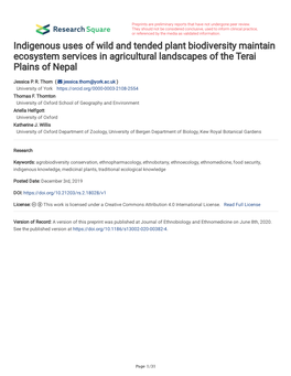 Indigenous Uses of Wild and Tended Plant Biodiversity Maintain Ecosystem Services in Agricultural Landscapes of the Terai Plains of Nepal