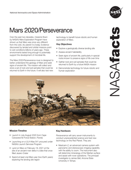 Mars 2020/Perseverance Rover Is Designed to Better Understand the Geology of Mars and Seek • Gather Rock and Soil Samples That Could Be Signs of Ancient Life