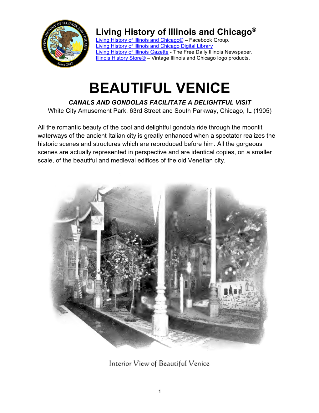 BEAUTIFUL VENICE CANALS and GONDOLAS FACILITATE a DELIGHTFUL VISIT White City Amusement Park, 63Rd Street and South Parkway, Chicago, IL (1905)