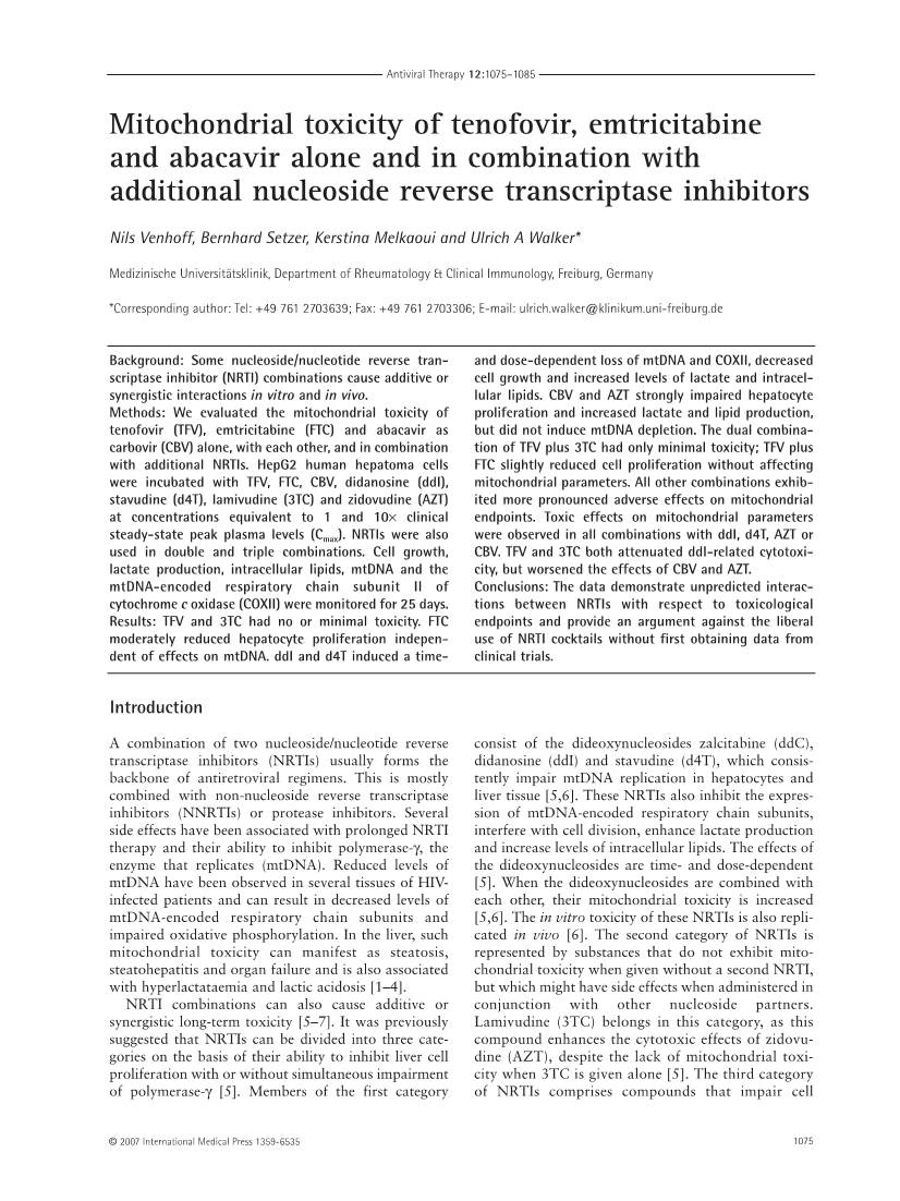 Mitochondrial Toxicity of Tenofovir, Emtricitabine and Abacavir Alone and in Combination with Additional Nucleoside Reverse Transcriptase Inhibitors