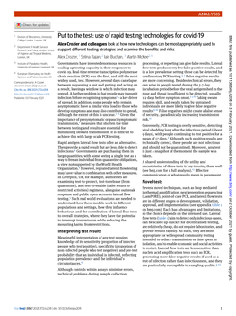 Put to the Test: Use of Rapid Testing Technologies for Covid-19 BMJ: First Published As 10.1136/Bmj.N208 on 3 February 2021