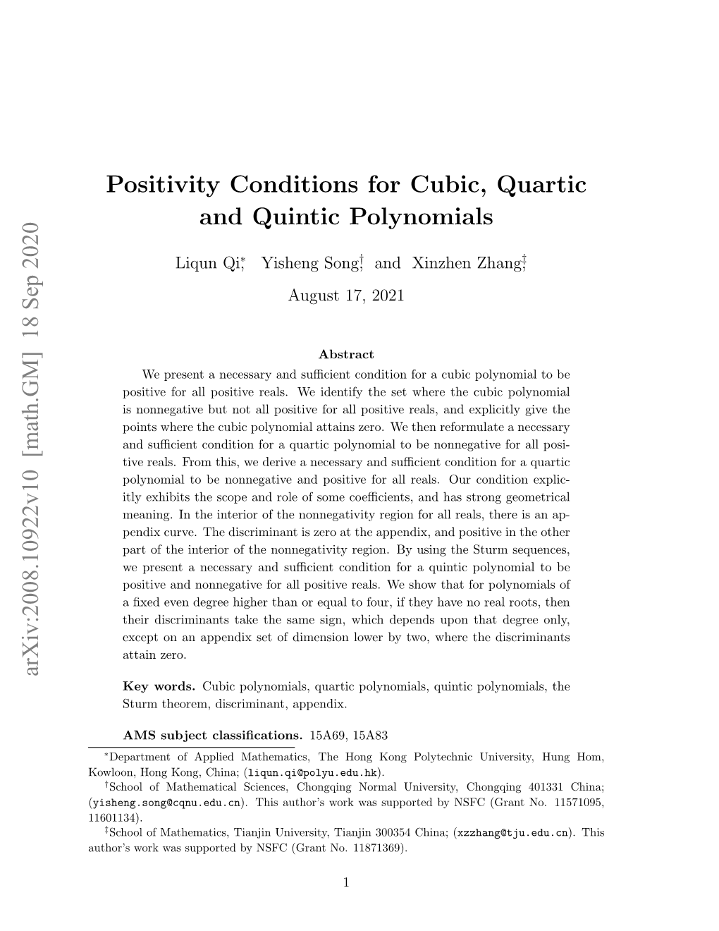 Positivity Conditions for Cubic, Quartic and Quintic Polynomials Arxiv:2008.10922V10 [Math.GM] 18 Sep 2020