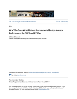 Governmental Design, Agency Performance, the CFPB and PPACA