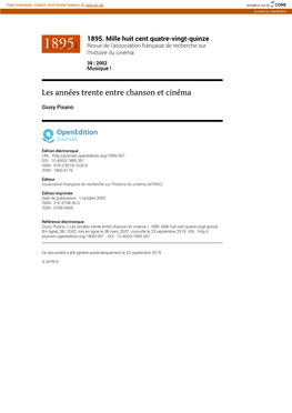 1895. Mille Huit Cent Quatre-Vingt-Quinze, 38 | 2002 Les Années Trente Entre Chanson Et Cinéma 2