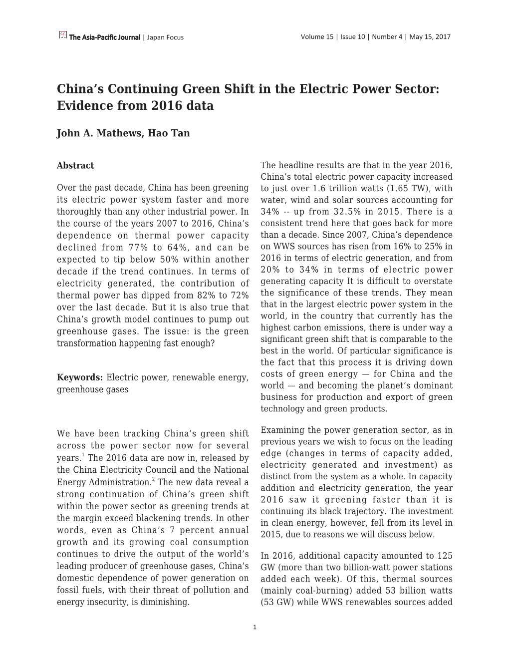 China's Continuing Green Shift in the Electric Power Sector