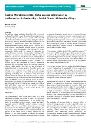Pichia Process Optimization by Methanol/Sorbitol Co-Feeding – Patrick Fickers - University of Liege