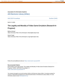 The Legality and Morality of Video Game Emulation (Research-In- Progress)