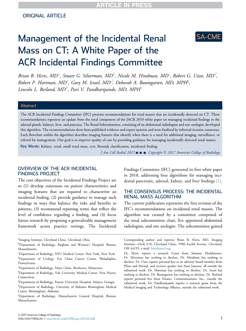 Management of the Incidental Renal Mass on CT: a White Paper of the ACR Incidental Findings Committee