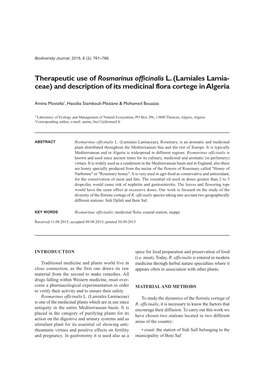 Therapeutic Use of Rosmarinus Officinalis L. (Lamiales Lamia- Ceae