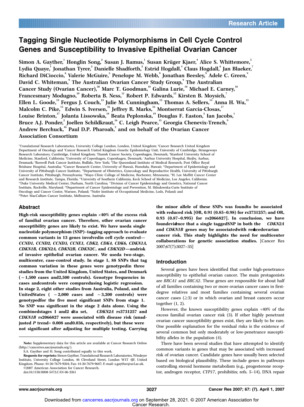 Tagging Single Nucleotide Polymorphisms in Cell Cycle Control Genes and Susceptibility to Invasive Epithelial Ovarian Cancer