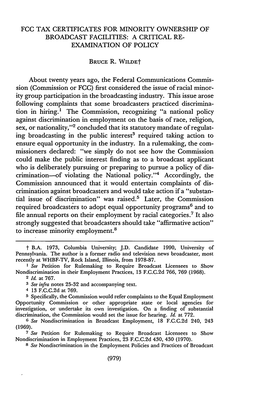 Fcc Tax Certificates for Minority Ownership of Broadcast Facilities: a Critical Re- Examination of Policy