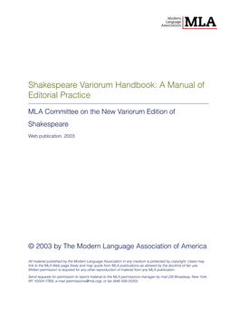 Shakespeare Variorum Handbook: a Manual of Editorial Practice