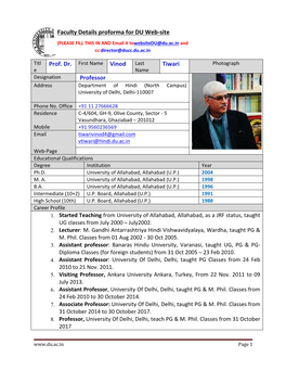 Tiwari Professor Faculty Details Proforma for DU Web-Site