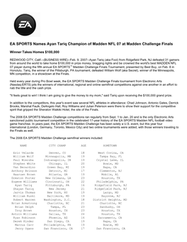 EA SPORTS Names Ayan Tariq Champion of Madden NFL 07 at Madden Challenge Finals