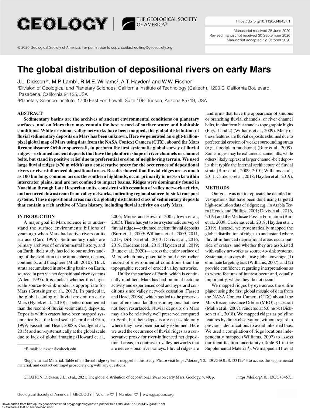 The Global Distribution of Depositional Rivers on Early Mars J.L