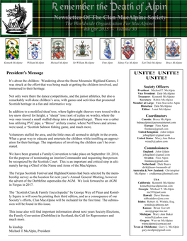 Newsletter of the Clan Macalpine Society the Worldwide Organization for Macalpines 4Th Qtr 2015 ~ Volume 30