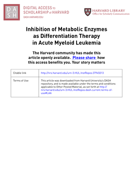 Inhibition of Metabolic Enzymes As Differentiation Therapy in Acute Myeloid Leukemia