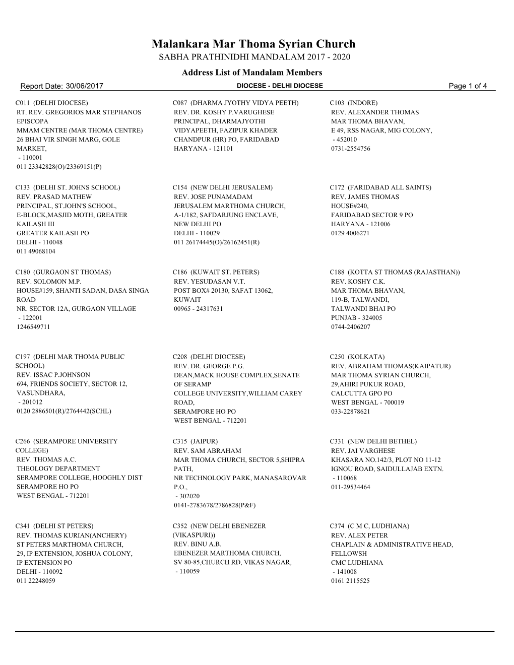 Malankara Mar Thoma Syrian Church SABHA PRATHINIDHI MANDALAM 2017 - 2020 Address List of Mandalam Members Report Date: 30/06/2017 DIOCESE - DELHI DIOCESE Page 1 of 4