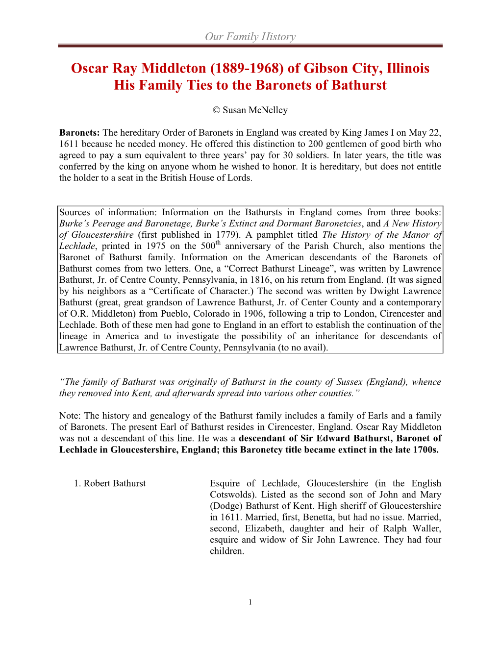 Family Ties to the Baronets of Bathurst
