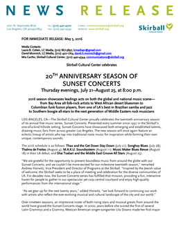 20TH ANNIVERSARY SEASON of SUNSET CONCERTS Thursday Evenings, July 21–August 25, at 8:00 P.M