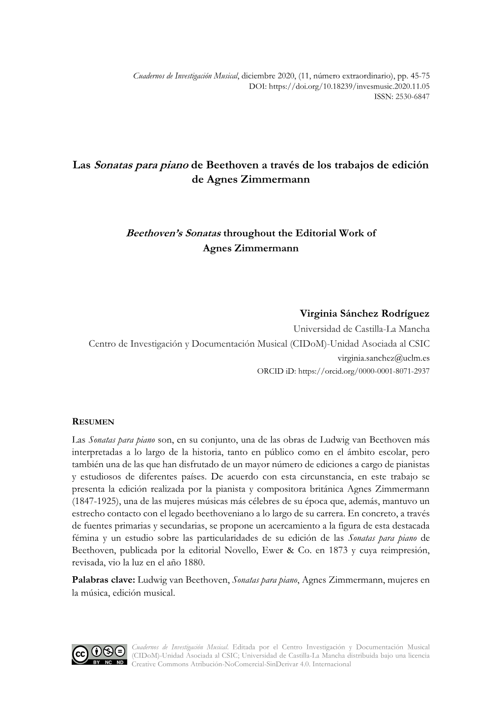 Las Sonatas Para Piano De Beethoven a Través De Los Trabajos De Edición De Agnes Zimmermann