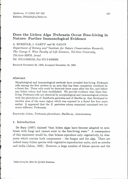 Does the Lichen Alga Trebouseia Occur Free-Living in Nature: Further Immunological Evidence