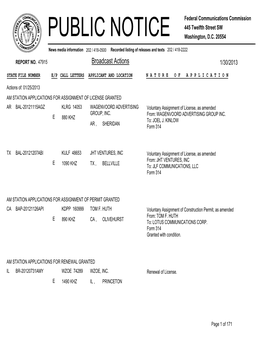 Broadcast Actions 1/30/2013