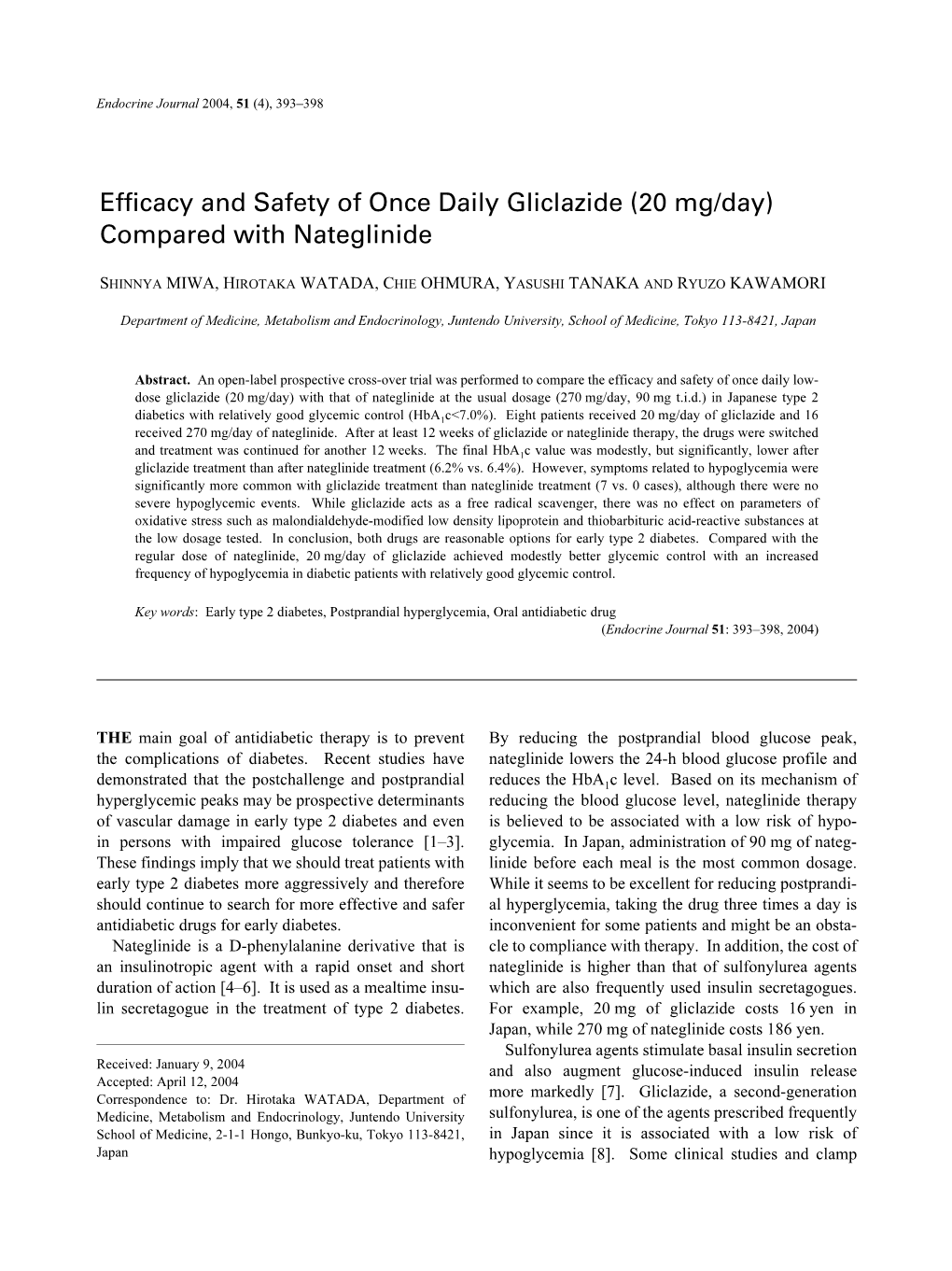 Efficacy and Safety of Once Daily Gliclazide (20 Mg/Day) Compared with Nateglinide