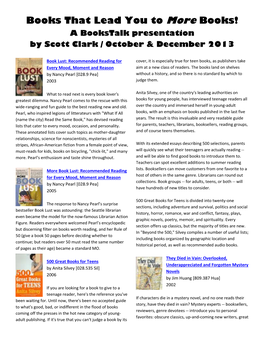Books That Lead You to More Books! a Bookstalk Presentation by Scott Clark / October & December 2013