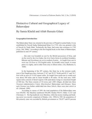 Distinctive Cultural and Geographical Legacy of Bahawalpur by Samia Khalid and Aftab Hussain Gilani