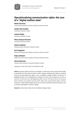 Operationalising Communication Rights: the Case of a “Digital Welfare State” Marko Ala-Fossi Faculty of Communication Sciences, Tampere University, Finland