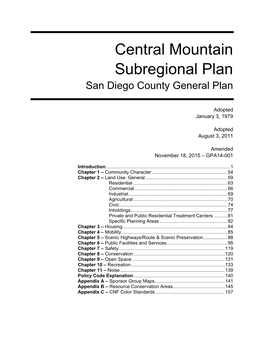 Central Mountain Subregional Plan San Diego County General Plan