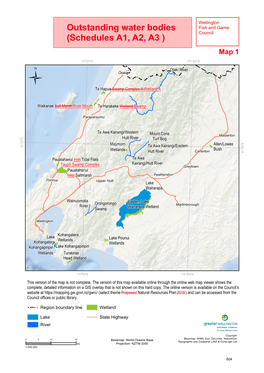 Wellington Outstanding Water Bodies Fish and Game Council (Schedules A1, A2, A3 ) Map 1