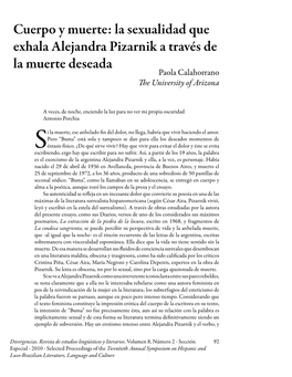 La Sexualidad Que Exhala Alejandra Pizarnik a Través De La Muerte Deseada Paola Calahorrano  E University of Arizona