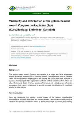 Variability and Distribution of the Golden-Headed Weevil Compsus Auricephalus (Say) (Curculionidae: Entiminae: Eustylini)
