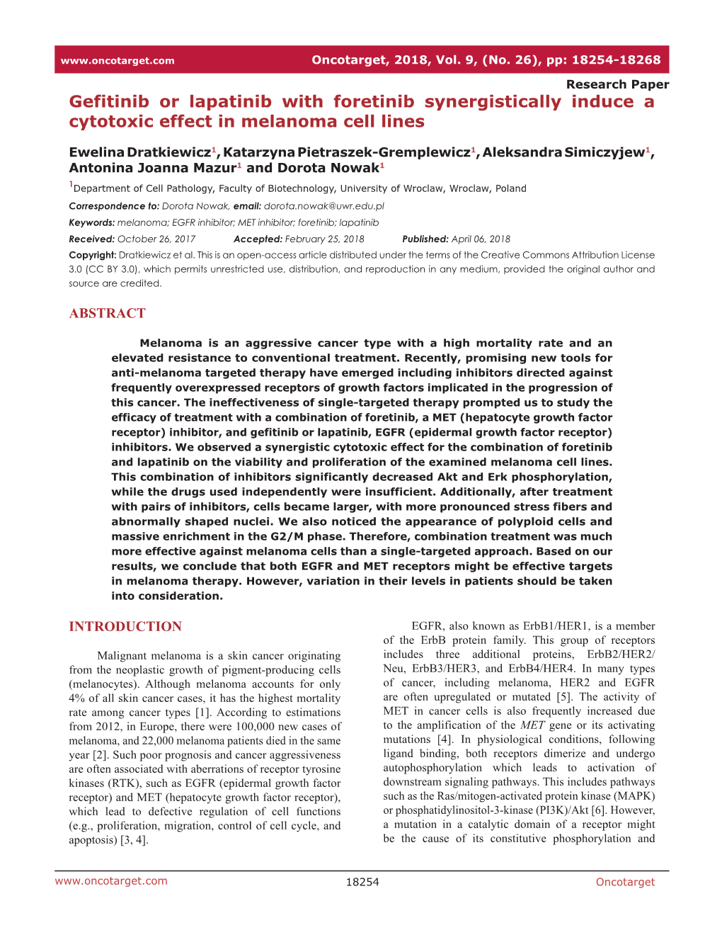 Gefitinib Or Lapatinib with Foretinib Synergistically Induce a Cytotoxic Effect in Melanoma Cell Lines