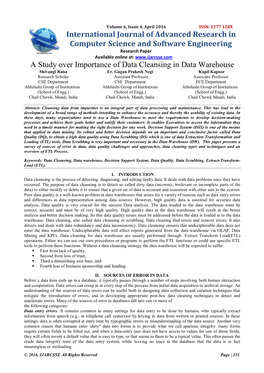 A Study Over Importance of Data Cleansing in Data Warehouse Shivangi Rana Er