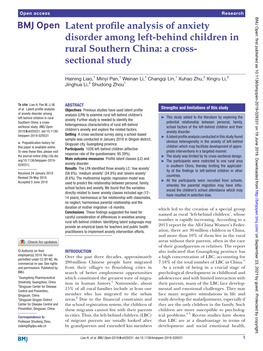 Latent Profile Analysis of Anxiety Disorder Among Left-Behind Children in Rural Southern China: a Cross- Sectional Study