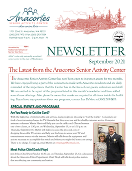 NEWSLETTER Senior Center in the State of Washington September 2021 the Latest from the Anacortes Senior Activity Center
