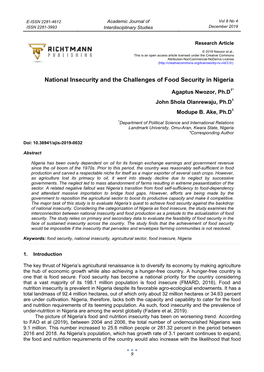 National Insecurity and the Challenges of Food Security in Nigeria