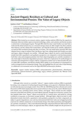 Ancient Organic Residues As Cultural and Environmental Proxies: the Value of Legacy Objects
