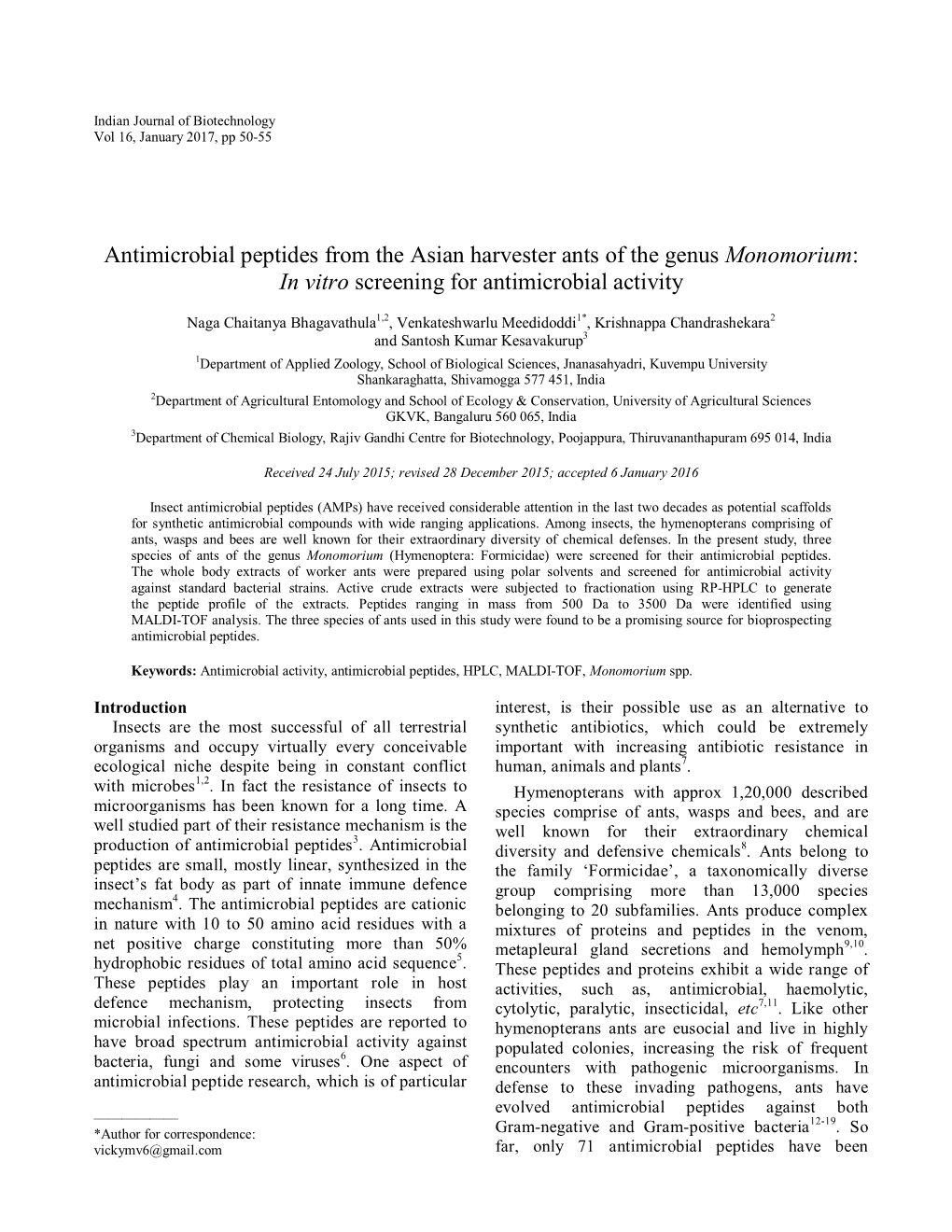 Antimicrobial Peptides from the Asian Harvester Ants of the Genus Monomorium: in Vitro Screening for Antimicrobial Activity